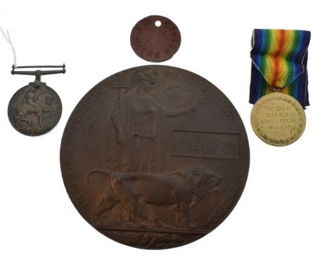 Medals - World War I pair comprising: British War Medal and Victory Medal with related death plaque and dog tag named to 2452