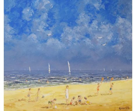 Gerard Boukhezer - Oil on canvas - Beach scene with children playing, signed lower right, 45cm x 53.5cm, in gilt frame   Cond
