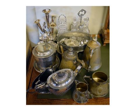 Large selection of silver plated wares to include a four branch epergne, six bottle cruet, four egg cruet, biscuit barrel, fo