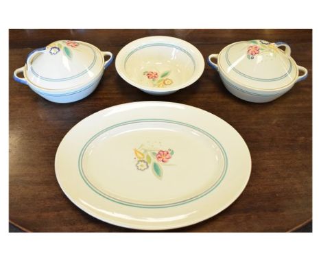 Pair of Susie Cooper tureens, an oval meat dish and a bowl, all decorated in the Nosegay pattern   Condition: 