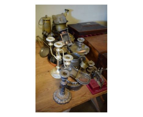 Large collection of metal work to include; alloy mortar and pestle, brass protector lamp, pewter measures, chamber candlestic