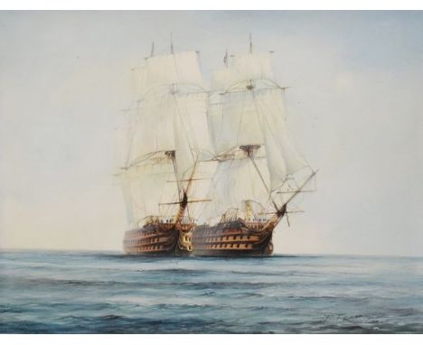 Paul Richardson - Oil on canvas - Seascape with two galleons, signed, 69.5cm x 90cm, framed   Condition: 