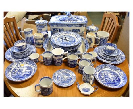 Large selection of Copeland Spode's Italian blue transfer printed pattern tableware to include; bread bin, utensil jar, tea c