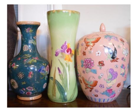 Three assorted vases comprising: a Royal Bonn example, a Chinese turquoise ground lamp of bulbous form and a Chinese ovoid gi