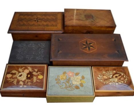 Seven assorted wooden boxes to include; a late Georgian oak two division tea caddy, two 19th Century star inlaid boxes and fo