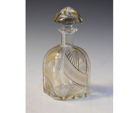 Art Deco facet cut glass decanter having gilt lustre stylised decoration   Condition: 