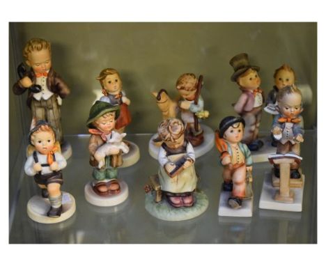 Collection of nine Goebel Hummel figures comprising: Hello, Little Shopper, Lost Sheep, School Boy, Band Leader, Duet, Prayer
