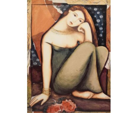 Large art print of a seated female figure, indistinctly signed lower right, 86cm x 60cm, in good fluted gilt frame   Conditio