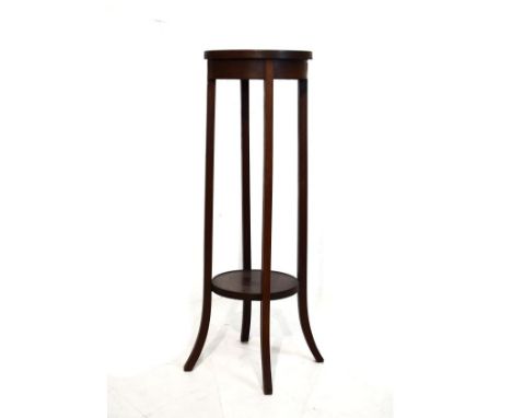 Early 20th Century inlaid mahogany plantstand or torchère with circular top on four supports linked by circular under shelf  
