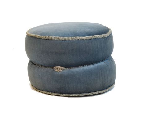 Blue plush covered circular pouffe   Condition: 
