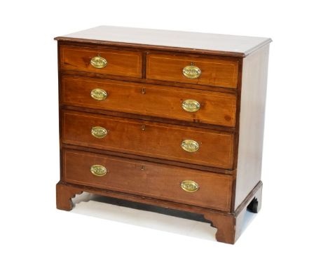 George III string inlaid and crossbanded mahogany chest fitted two short and three long graduated drawers on bracket feet   C