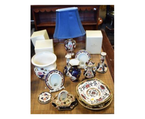 Selection of 20th Century Masons ironstone china to include; Pagoda pattern table lamp, serving dishes, photograph frame, can