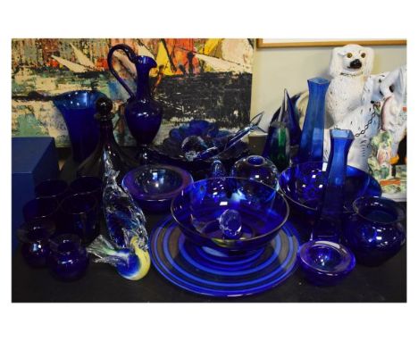 Large selection of 'Bristol' blue glass to include; baluster jug, ships decanter, pair of tall square vases, flared cylindric