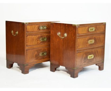 Pair of good quality reproduction brass bound string inlaid mahogany chests, each fitted three short drawers and standing on 