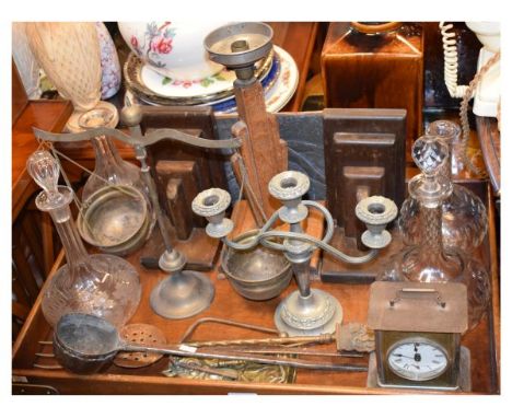 Group of metal work and other collectables to include; a hammered sheet panel depicting an Art Deco style female dancer, pair