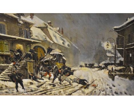 Early 20th Century over painted print depicting a 19th century battle scene, 32cm x 52cm, framed   Condition: 