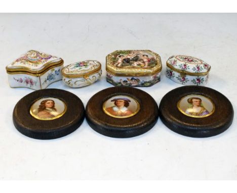 Four various porcelain boxes together with three painted porcelain portrait miniatures   Condition: 