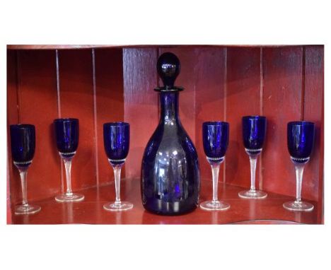 Thomas Webb 'Bristol Blue' baluster decanter and stopper together with six wine glasses, each having a blue bowl and a clear 