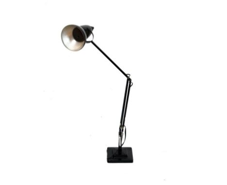 Mid century design - a black painted anglepoise table lamp, the single upper arm on three supports and stepped square base, s