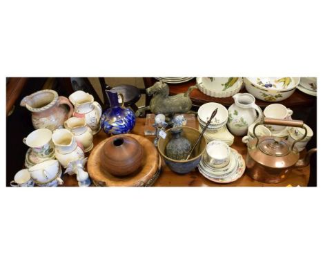 Assorted metal work and ceramics to include; oval copper kettle, brass footman, bellows, brass shovel, tongs and toasting for