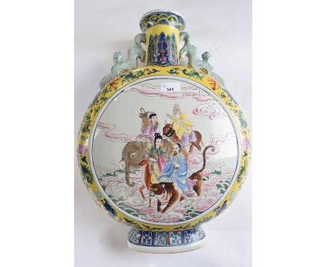 A large 20th Century Chinese porcelain moon flask, the central panel with Chinese figures probably deities on an elephant and