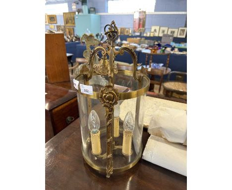 20th Century circular brass mounted three light lantern, 42cm high excluding suspension chain