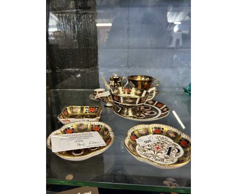 Quantity of Royal Crown Derby wares including miniature coffee pot and cover, an Imari miniature cup and saucer, coal skuttle