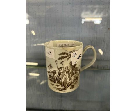 A Worcester porcelain mug c.1758 with black printed designs of Harvesters and Minuet verso
