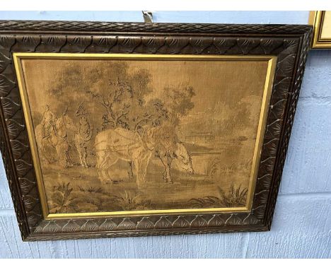 Monochrome tapestry fragment of horses, 43cm wide in carved wooden frame