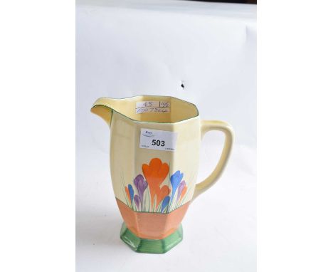 A Clarice Cliff tall jug of faceted form decorated with the crocus pattern