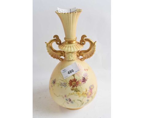 A Royal Worcester blush ground vase decorated with flowers, puce factory mark