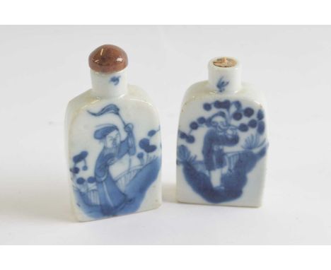 Two ceramic scent bottles with blue and white painted designgood condition lacking stopper to one