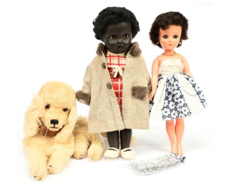 Pair of vintage vinyl dolls and a poodle nightdress case: (1) &amp; (2) MIE vintage vinyl black doll and teenage doll; (3) po