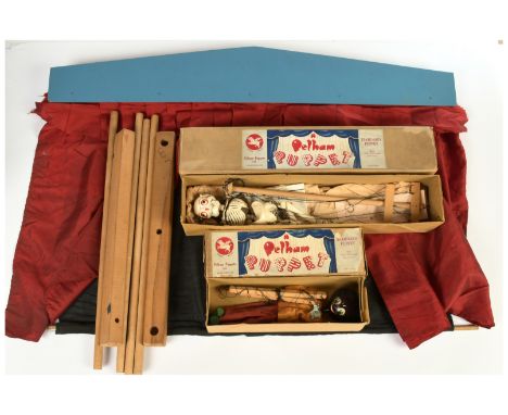 Pelham Puppets pair of vintage puppets and a wooden theatre: (1) Golly puppet, 1950s, Good, in Fair Plus correct brown box; (