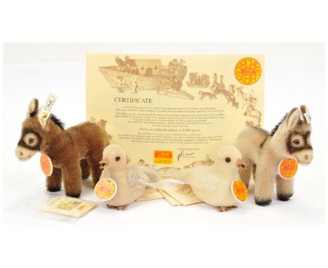 Steiff Noah's Ark pair of sets including donkeys and doves: (1) donkey set, 1996-1997, white tag 038525, LE 13/8000, mohair, 