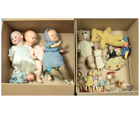Vintage bisque dolls, teddy bears, etc, includes: Armand Marseille bisque dolls, Mr Punch composition marotte; Norah Wellings