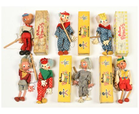 Pelham Puppets vintage Jumpette Puppets x seven, some are boxed, includes: Pinocchio; Andy Pandy; Noddy; Clown; etc; Fair Plu