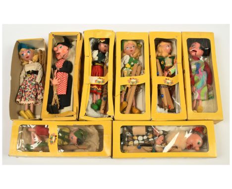 Pelham Puppets x eight vintage puppets, includes: Boy SM; Girl SM; Old Lady SM; Cowgirl SS15; Gypsy SS3; Tyrolean Girl SS5; W