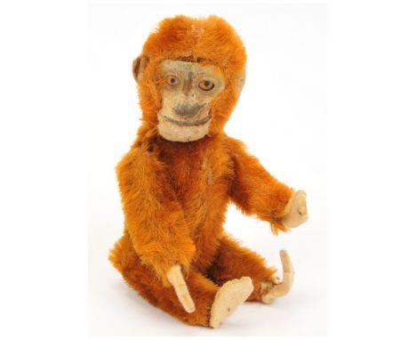 Schuco vintage Perfume Bottle Monkey, German, 1920s - 1930s, cinnamon mohair, flock on tin moulded face rubbed off in places,