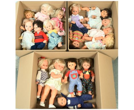 Collection of vintage vinyl dolls, including: Playmates Tiny Tears; Jesmar; Mattel Saucy Expressions; Playmates; etc; tobacco