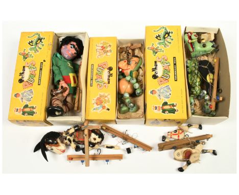 Pelham Puppets vintage puppets x five: (1) &amp; (2) Mother Dragon and Baby Dragon, within Good correct yellow boxes; (3) Gia