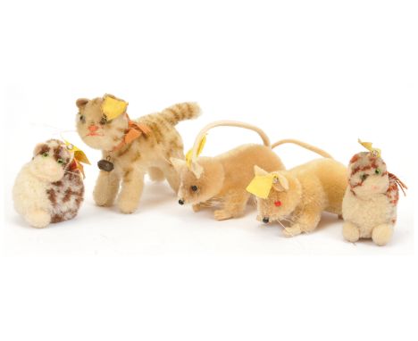 Steiff collection of vintage miniature mohair animals: (1) &amp; (2) Pieps mouse- 4308,05 and 4308,04, 1959-1967, each with b