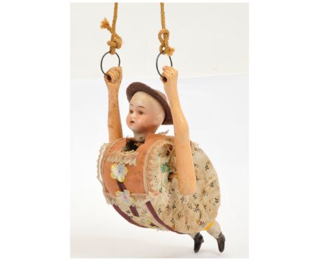 Walther &amp; Sohn bisque tumbling novelty vintage doll, German, tin body houses mechanism, large wooden hands wind mechanism
