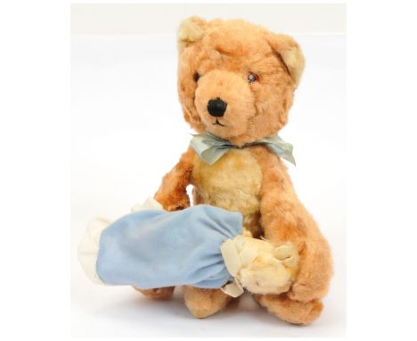 Chiltern Teddy and Baby vintage clockwork pair, British, late 1950s / early 1960s, amber and black plastic eyes, black vertic