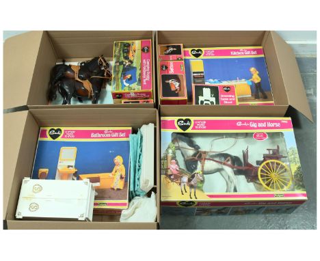Pedigree Sindy vintage accessories, including: Armchair, boxed; Settee, boxed; Kitchen gift set, boxed; Bathroom gift set, bo