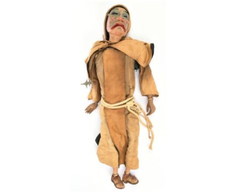 Vintage wooden Monk marionette, finely carved features, feet with leather sandals, wearing cotton robes, missing control bar 
