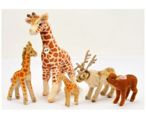 Steiff five mainly vintage animals: (1) Renny reindeer, yellow tag 1322,00, 1959-1967, with button and cloth tag, mohair, sma