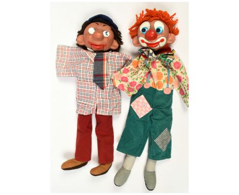Pelham Puppets Ventriloquial Puppet pair, 1972 onwards: (1) Clown (operating rod is missing- needs repair); (2) Boy; Fair Plu