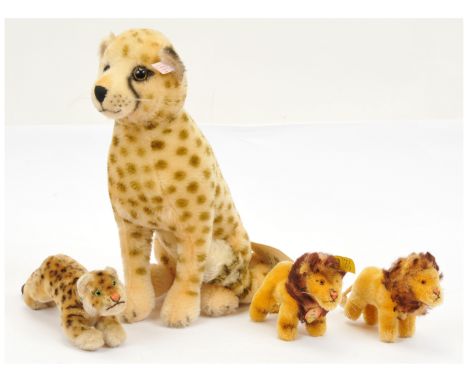 Steiff four mainly vintage big cats, includes some miniatures: (1) Leo lion, yellow tag 0800/10, 1968-1975, with button and c