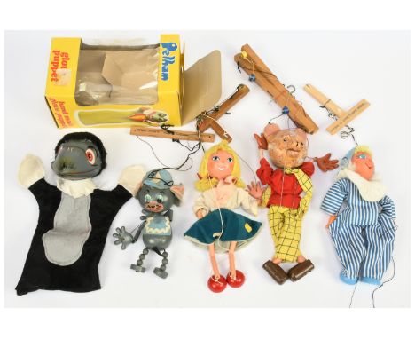 Pelham Puppets x five vintage puppets: (1) Crow Glove Puppet, in correct yellow box; (2) Andy Pandy; (3) Rupert the Bear; (4)